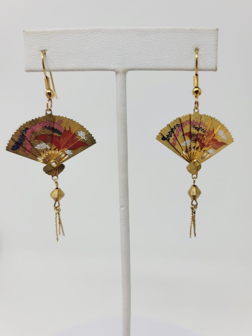 Gold Tone Asian Fan Earrings Enamel Bird Dangle Statement Vintage Style